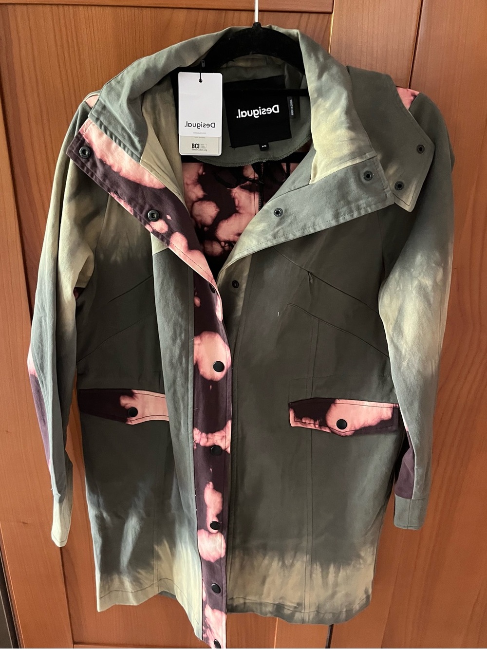 Desigual Olive Green & Pink Tie-Dye Hooded Trench Coat